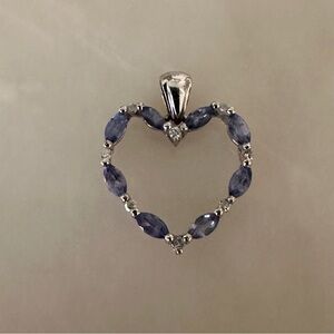 14k Solid White Gold Sapphire & Purple Rhinestone Heart Pendant